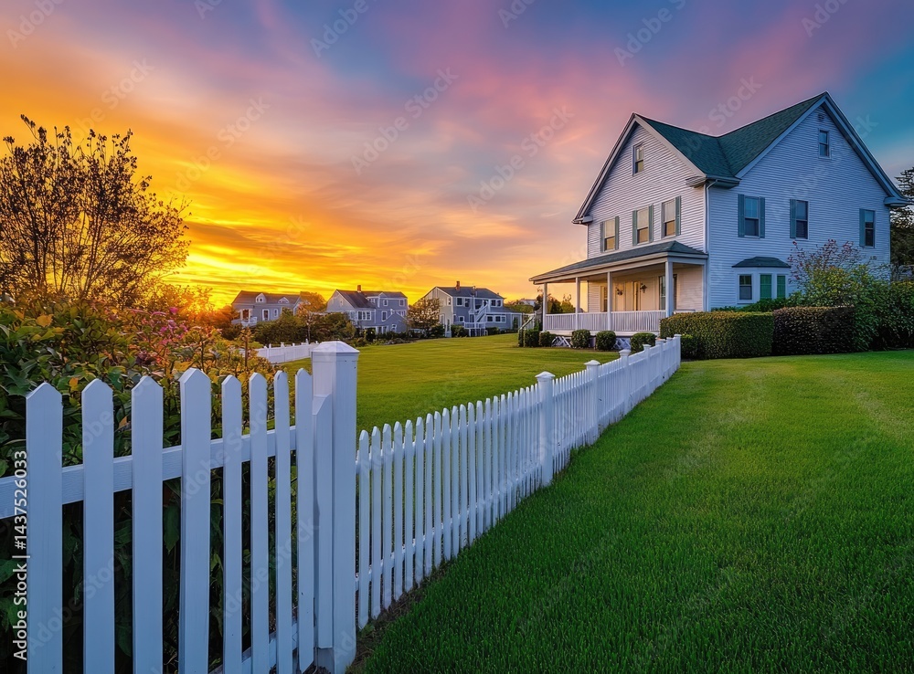 Charming New England Three-Story Home with White Picket Fence at Sunset, Vibrant Sky Colors, Backyard View, Professional Photography, Soft Lighting Details Charming New England Three-Story Home with White Picket Fence at Sunset, Vibrant Sky Colors, Backyard View, Professional Photography, Soft Lighting Details