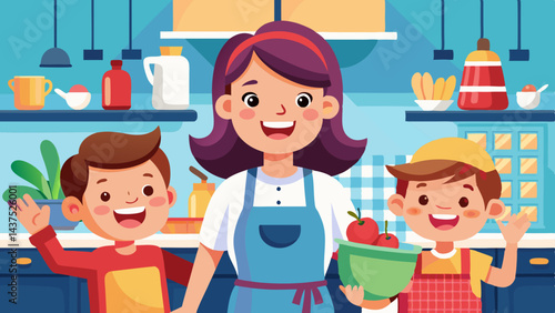 Feliz escena familiar en una cocina moderna, madre con delantal y sus hijos sonriendo en un ambiente matutino cálido y lúdico.