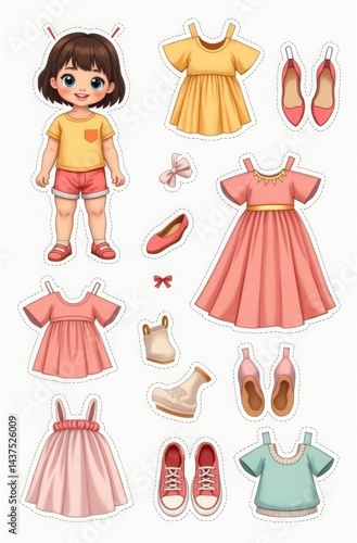 Young caucasian girl dress-up paper doll with fashionable outfits and accessories