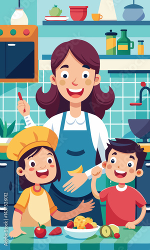 Feliz escena familiar en una cocina moderna, madre con delantal y sus hijos sonriendo en un ambiente matutino cálido y lúdico.