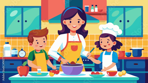 モダンなキッチンでの幸せな家族のシーン。母親はエプロンを着用し、子供たちは遊び心のある温かい朝の雰囲気の中で微笑んでいます。