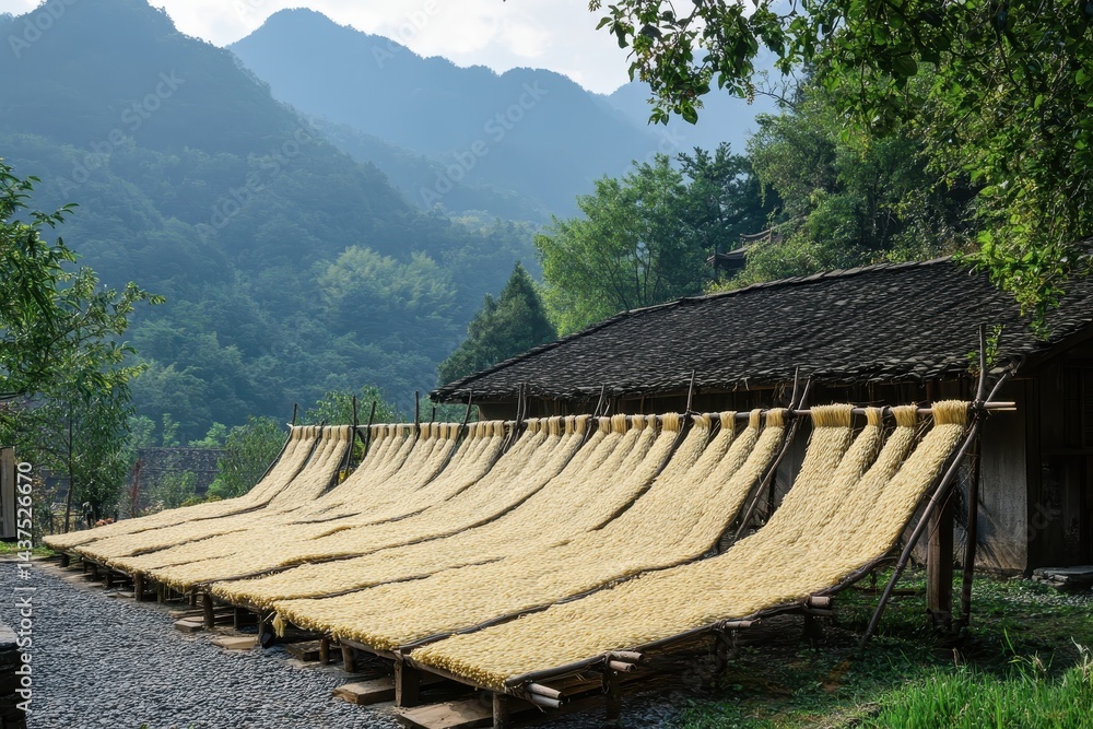 Fototapeta premium Rows of noodles dry on bamboo racks outdoors near a rural building. Perfect for travel, food, culture, or traditional process content.