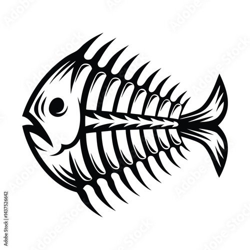 Black & White Fishbone Detailed Anatomy, Bones, Spine, Tail, Head, Eye