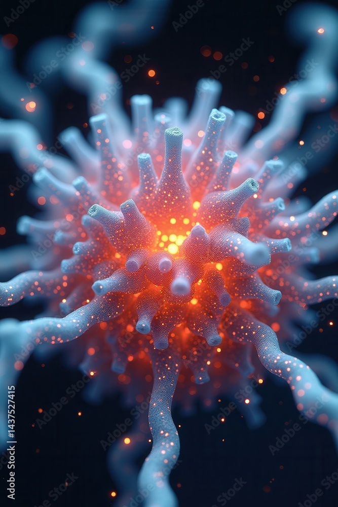 Glowing microscopic virus structure with abstract details