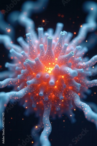 Glowing microscopic virus structure with abstract details