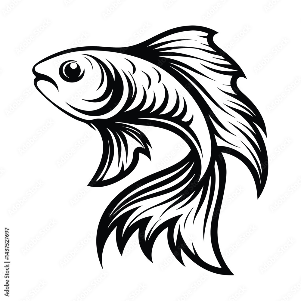 Black Silhouette of a Graceful Swimming Fish, Detailed Fins and Scales on White Black Silhouette of a Graceful Swimming Fish, Detailed Fins and Scales on White