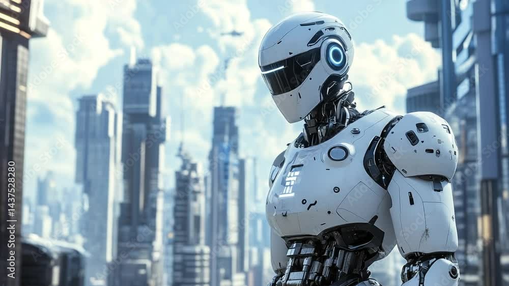 Futuristic humanoid robot standing in the urban landscape of a modern city, technology concept Futuristic humanoid robot standing in the urban landscape of a modern city, technology concept