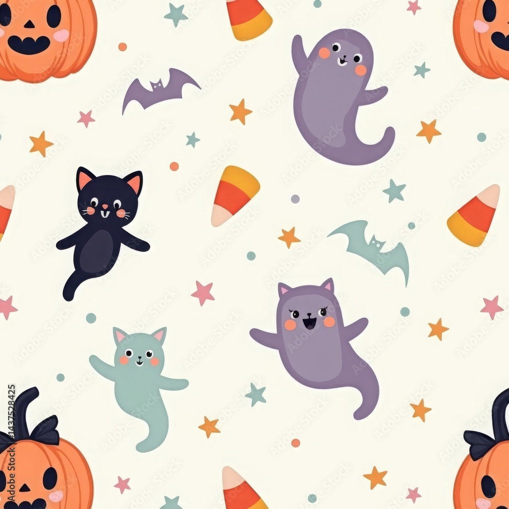 Fototapeta premium Cute halloween pattern with ghosts, cats, pumpkins, candy corn, and bats