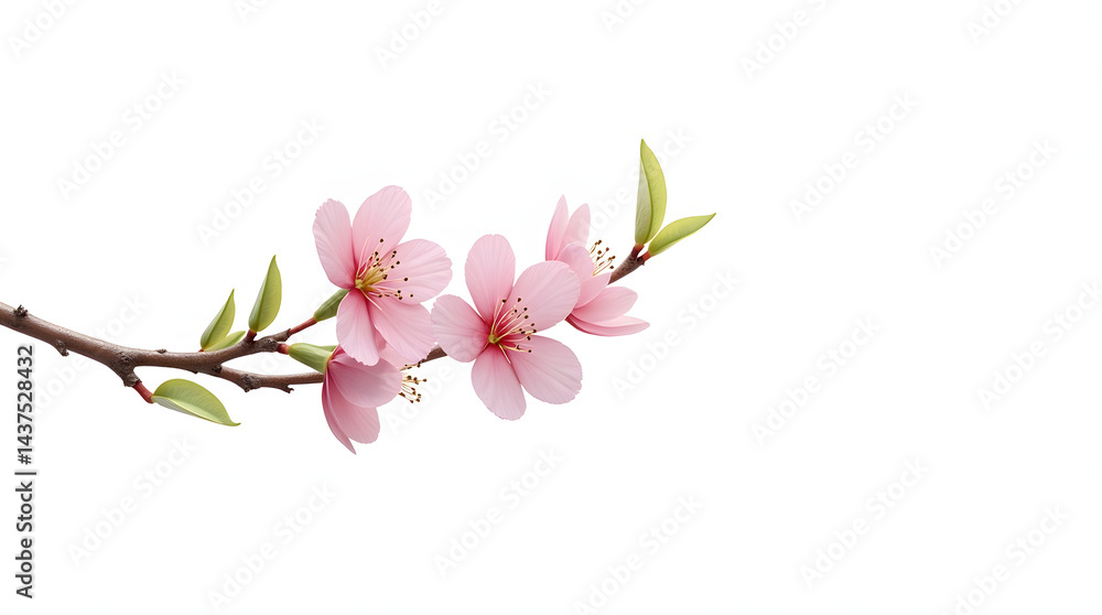 Obraz premium A delicate branch of pink cherry blossoms against a soft white background, symbolizing spring's beauty and renewal.