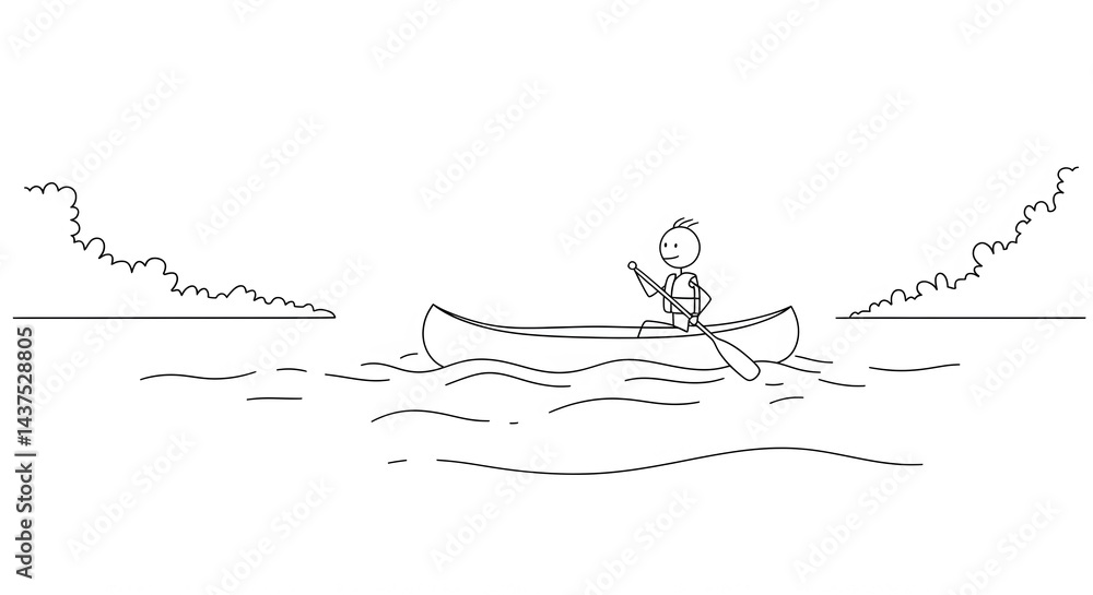 Stick Figure Paddling a Canoe on a Calm Lake Stick Figure Paddling a Canoe on a Calm Lake