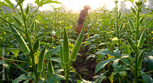 harvesting okra in a field, green pods on tall plants