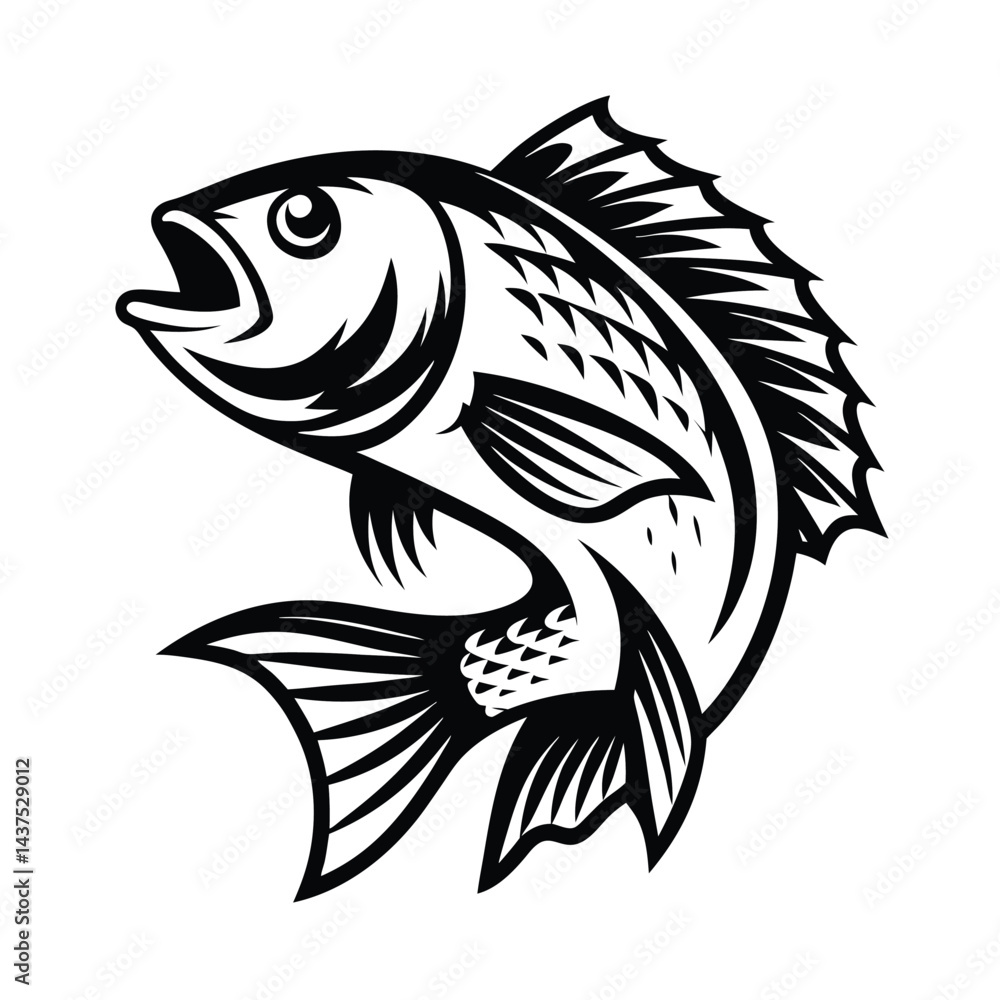 Black and White Fish Leaping Illustration, Angling, Aquatic Animal, Seafood, Isolated Black and White Fish Leaping Illustration, Angling, Aquatic Animal, Seafood, Isolated