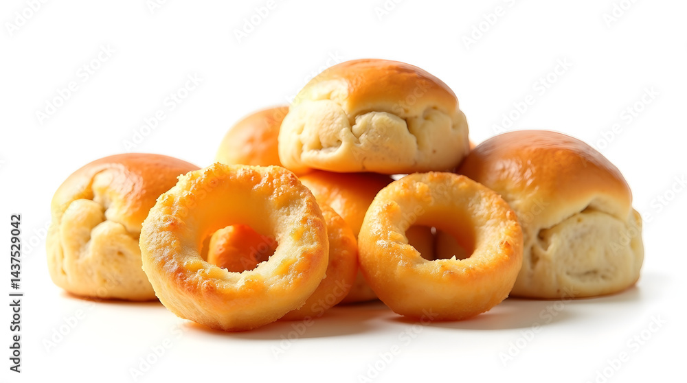 A delightful assortment of freshly baked sweet rolls and donut-like pastries piled together, showcasing their golden-brown tops. A delightful assortment of freshly baked sweet rolls and donut-like pastries piled together, showcasing their golden-brown tops.