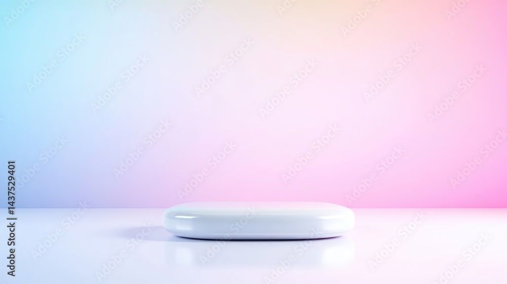 White Product Display Platform Minimalist Style High-gloss finish, Center frontal view, Smooth surface, Empty showcase concept, Pastel gradient backdrop, Soft dreamy mood, Ideal for product ads White Product Display Platform Minimalist Style High-gloss finish, Center frontal view, Smooth surface, Empty showcase concept, Pastel gradient backdrop, Soft dreamy mood, Ideal for product ads