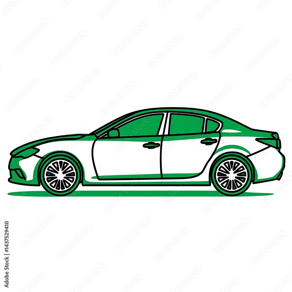 Fototapeta premium A simple line drawing of a white sedan with green accents