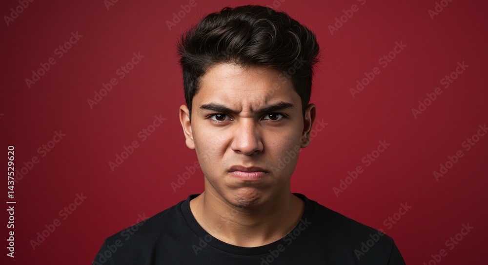 Naklejka premium Angry Latino young man portrait isolated on bold red background showing frustration and attitude. Generative AI