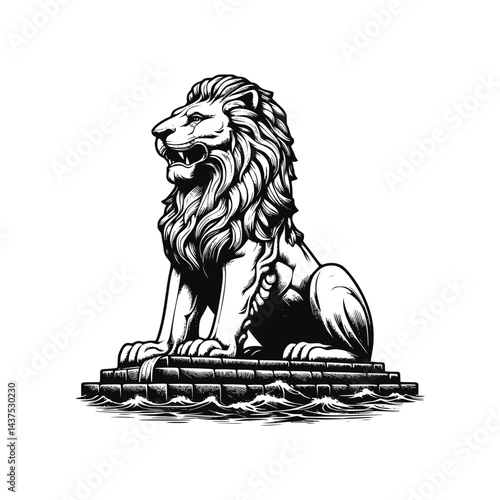 Vintage Merlion Statue Illustration Black Ink Vector Sketch Drawing, Isolated White Background