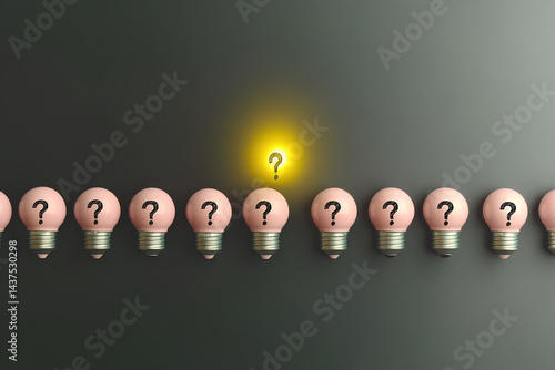 Creative concept with glowing light bulbs and question marks on neutral grey background symbolizing ideas and uncertainty