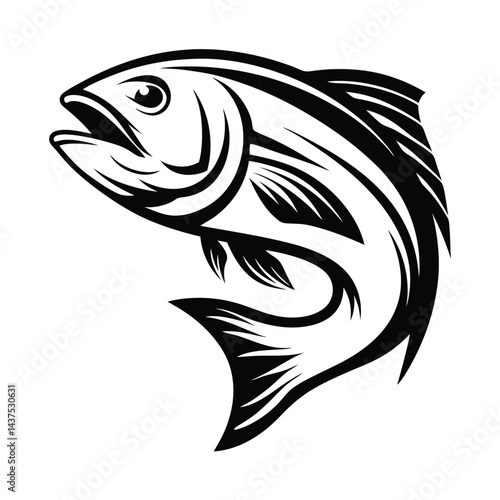Black and White Jumping Salmon Fish Isolated on White Background Design