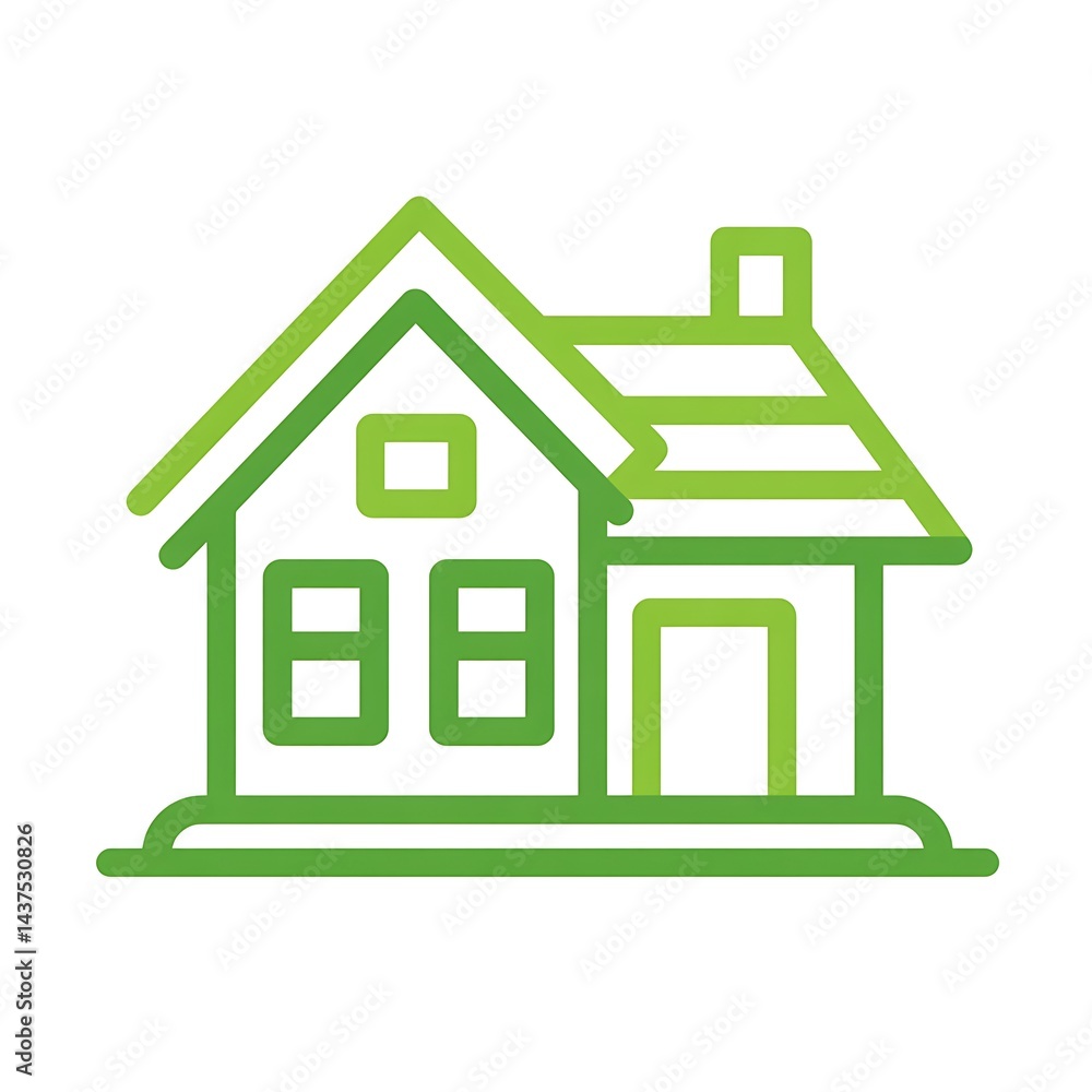 A simple line drawing of a green house with a chimney and windows A simple line drawing of a green house with a chimney and windows