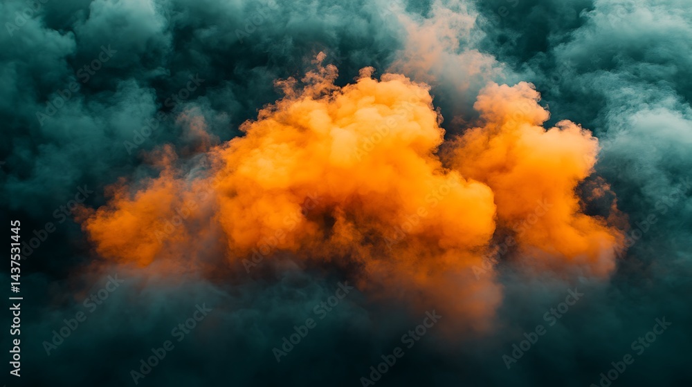 Naklejka premium Vibrant orange smoke plume amidst dark teal clouds