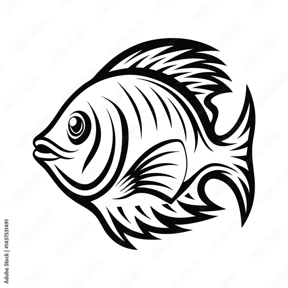 Striking Monochrome Fish Illustration, Stylized Aquatic Animal, Bold Black and White Design Striking Monochrome Fish Illustration, Stylized Aquatic Animal, Bold Black and White Design