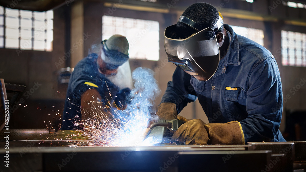 Two Welders Working with Protective Gear and Bright Sparks Two Welders Working with Protective Gear and Bright Sparks