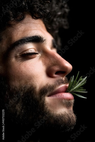 Close-up of a man with greenery in his mouth, showcasing nature's connection
