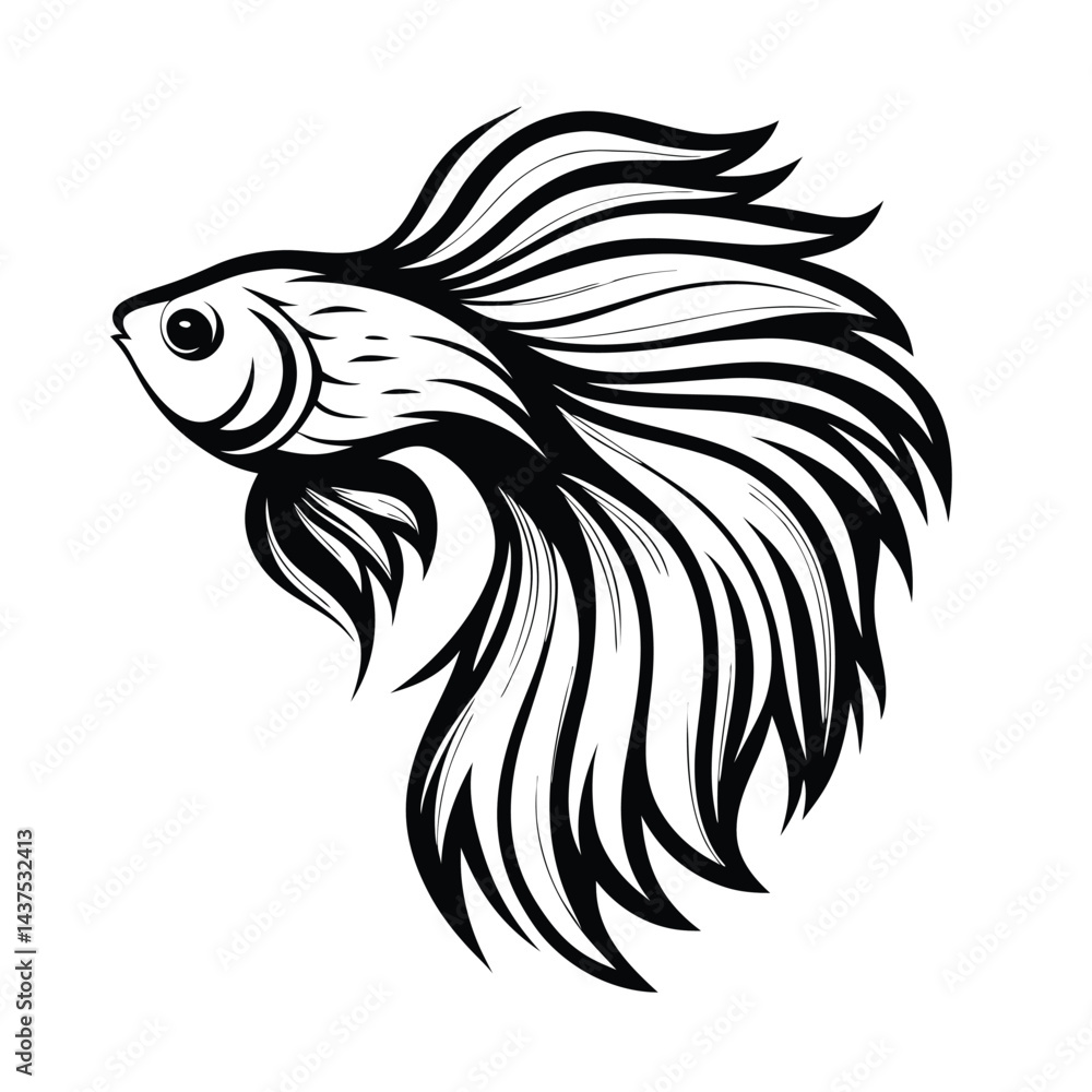 Fototapeta premium Elegant Black and White Betta Fish Design with Intricate Details and Flowing Fins