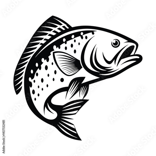 Leaping Trout Silhouette, Black And White Fish Icon, Striking River Fish