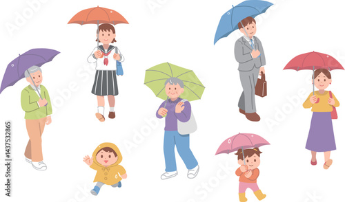 雨の日に傘をさして外出する人物イラストセット