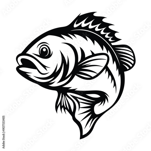 Largemouth Bass Detailed Outline, Black and White River Fish Design 8090 Char