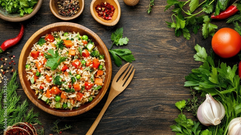 Flavorful rice and vegetable stir-fry, drizzled with spicy sauce, surrounded by herbs Flavorful rice and vegetable stir-fry, drizzled with spicy sauce, surrounded by herbs