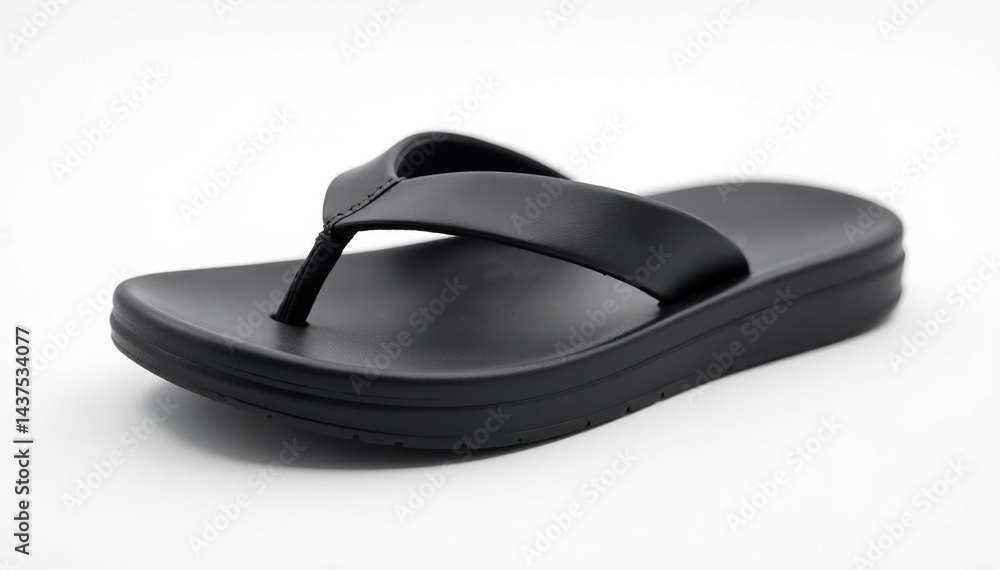 Single black flip-flop on white background, studio shot, beach, studio shot Single black flip-flop on white background, studio shot, beach, studio shot