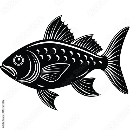 Silhouette Fish Illustration, Black and White, Detailed Fins, Marine Life Creature