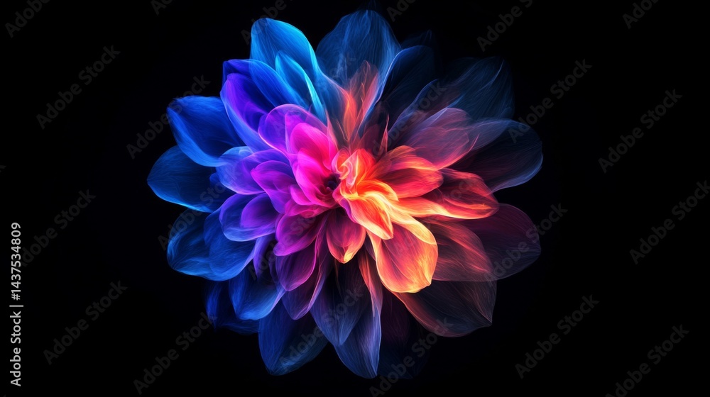Vibrant Colorful Flower with Glowing Petals on Dark Background Vibrant Colorful Flower with Glowing Petals on Dark Background