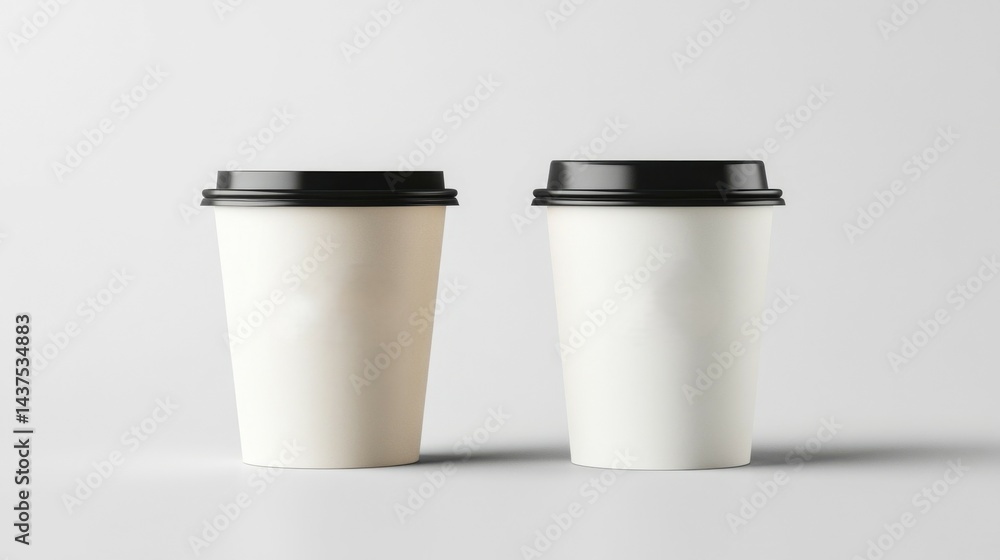 Two White Paper Coffee Cups with Black Lids on White Background Two White Paper Coffee Cups with Black Lids on White Background