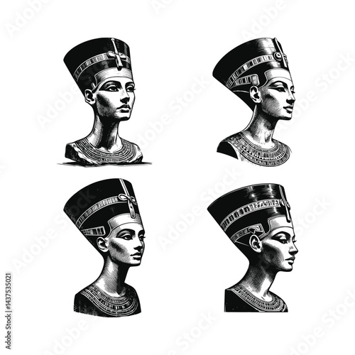 Bust Of Nefertiti Statue Illustration Black Ink Vector Sketch Drawing, Isolated White Background