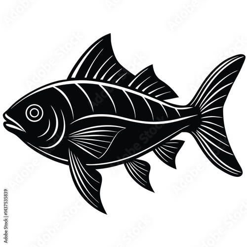 Fish Icon, Black and White Silhouette, Detailed Fins, Streamlined Body, Aquatic Animal