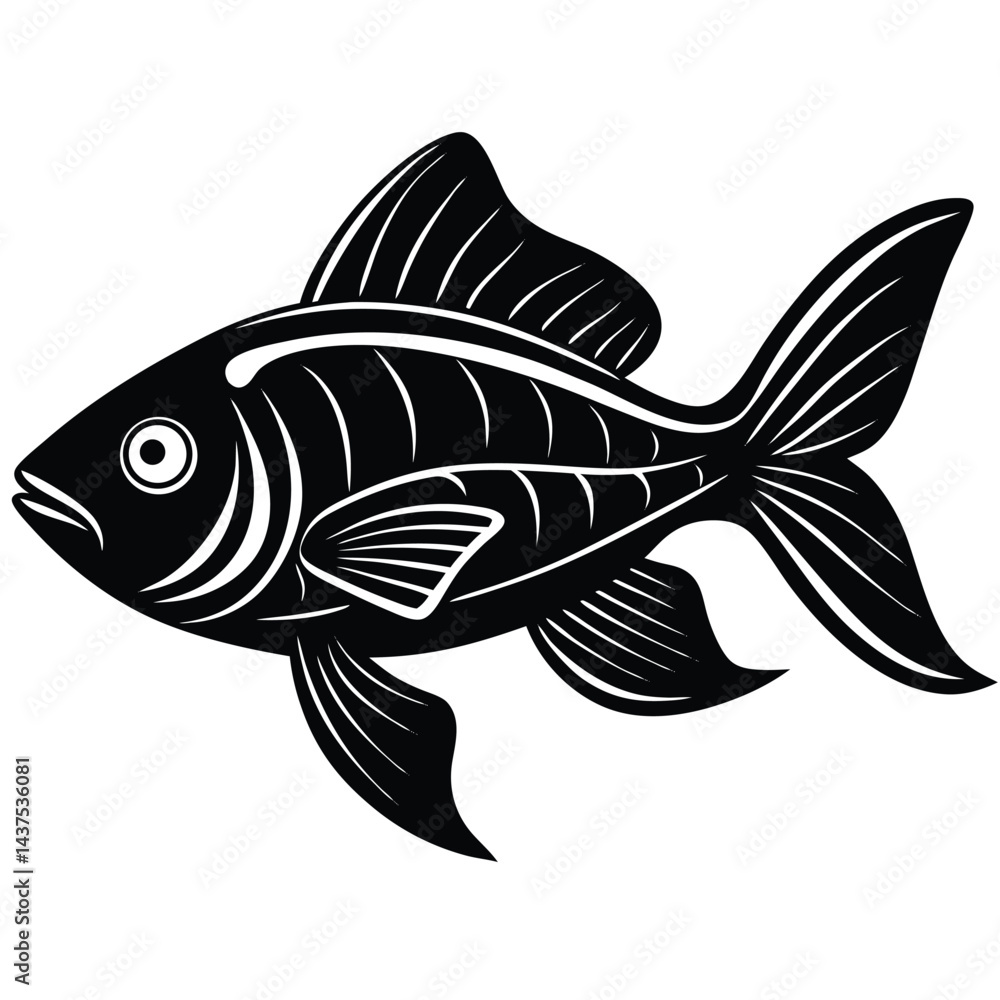 Fish Stylized Black and White Fish Silhouette with Detailed Fin Markings Fish Stylized Black and White Fish Silhouette with Detailed Fin Markings