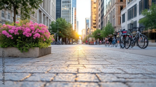 Urban city street at sunset with flower planters