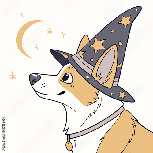 Cute Dog Wearing a Wizard Hat – Magical and Whimsical Cartoon Vector Illustration