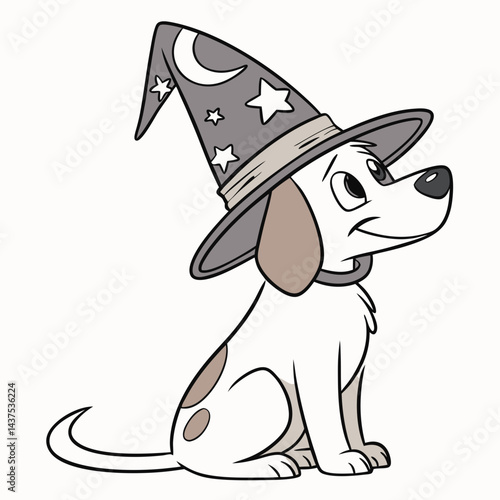 Cute Dog Wearing a Wizard Hat – Magical and Whimsical Cartoon Vector Illustration