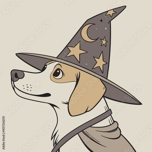 Cute Dog Wearing a Wizard Hat – Magical and Whimsical Cartoon Vector Illustration
