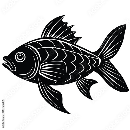 Stylized Black Silhouette of Swimming Fish with Detailed Fins & Scales