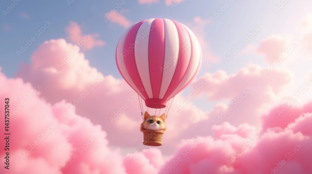 Fototapeta premium hot air balloon with cat on the pink clouds background