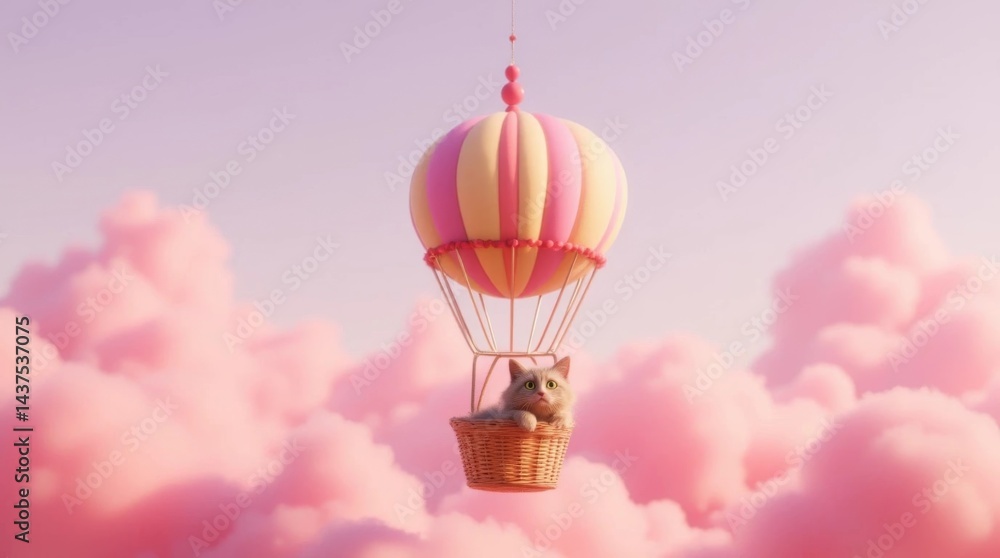 Fototapeta premium hot air balloon with cat on the pink clouds background