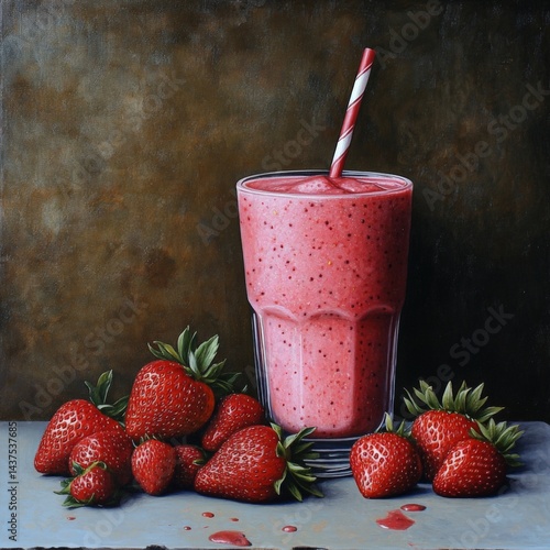 Refreshing strawberry smoothie with fresh strawberries on a table