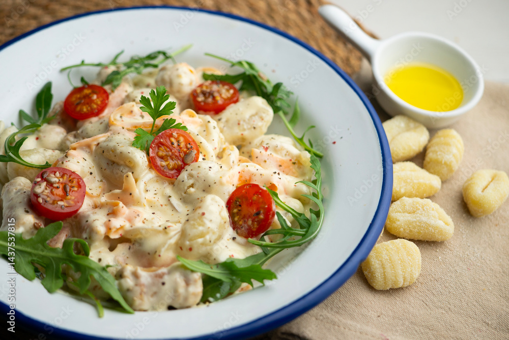Italian gnocchi salad with cream and arugula. Top view table. Italian gnocchi salad with cream and arugula. Top view table.
