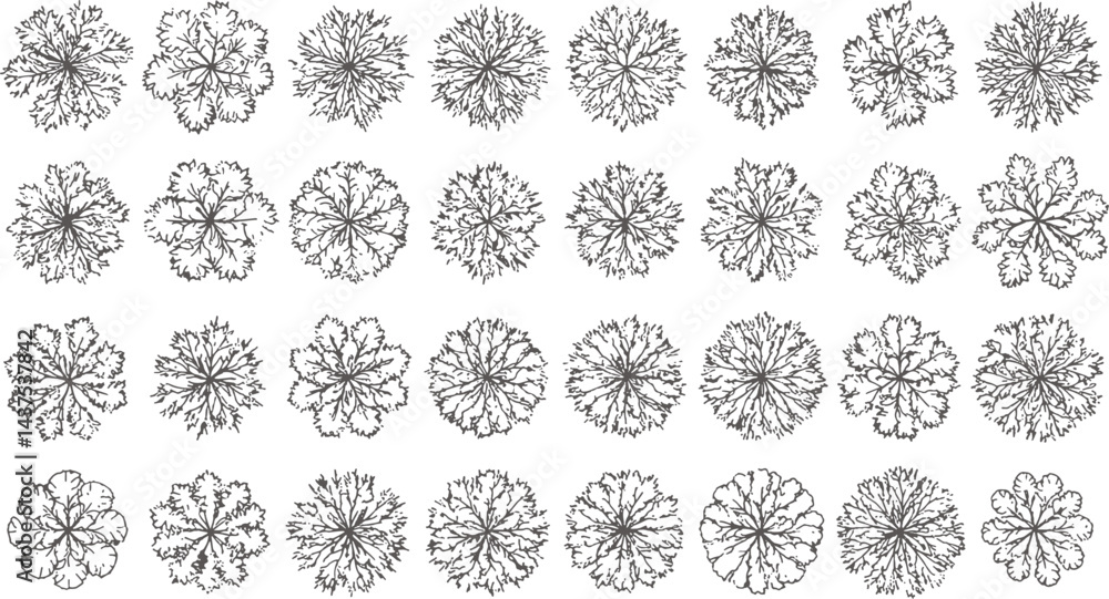 Collection different top-down tree outlines, varying in shape and density, Collection different top-down tree outlines, varying in shape and density,